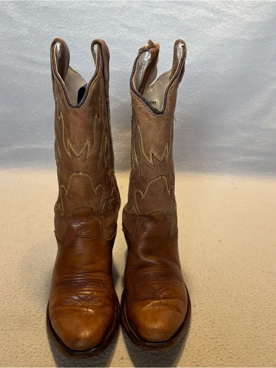 Old West Kids 11.5-D Tan Leather Cowboy Boots with Embroidered Shaft CF8229 - Picture 3 of 10